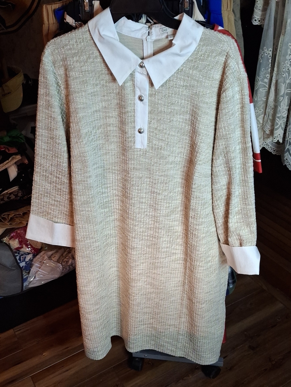 Cato Cream Faux Tweed Pullover with White Shirt Collar NWOT